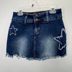 Lilac Sunset Denim Mini Skirt XS Blue Star Embellished Raw Hem Built in Shorts